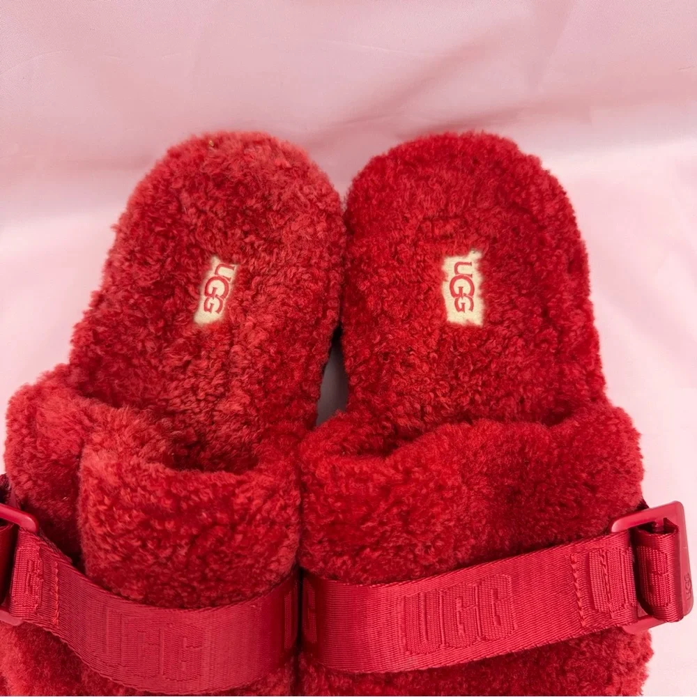 Red Fluffy Sheepskin Platform Slide Slippers Shoes Fluff Yeah Size 5 UGG 💕 - Picture 6 of 9